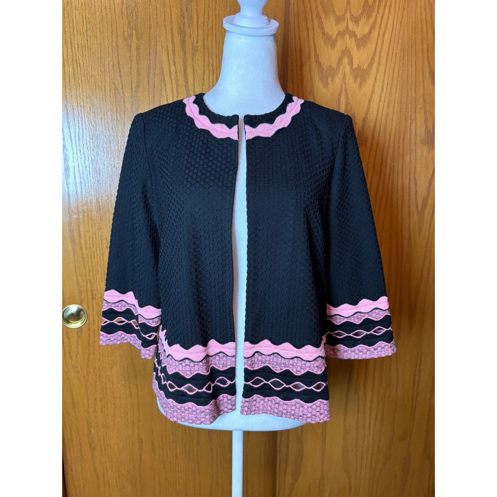 Ming Wang Black Pink Scalloped Knit Jacket Open Front Petite Medium PM